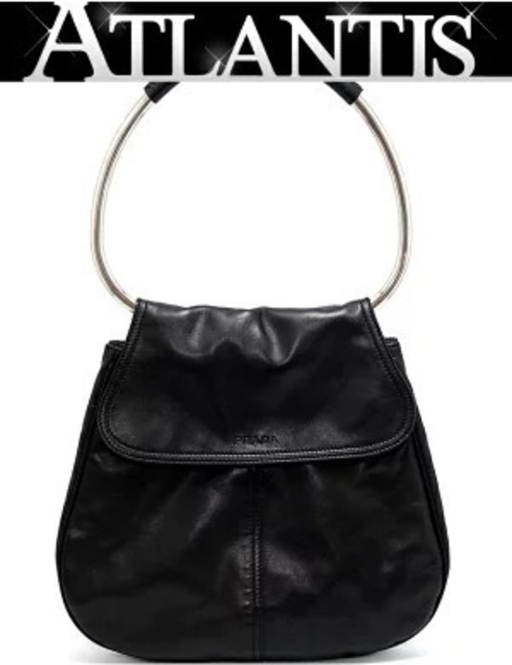 Prada Hobo Bag Metal Handle Leather Black